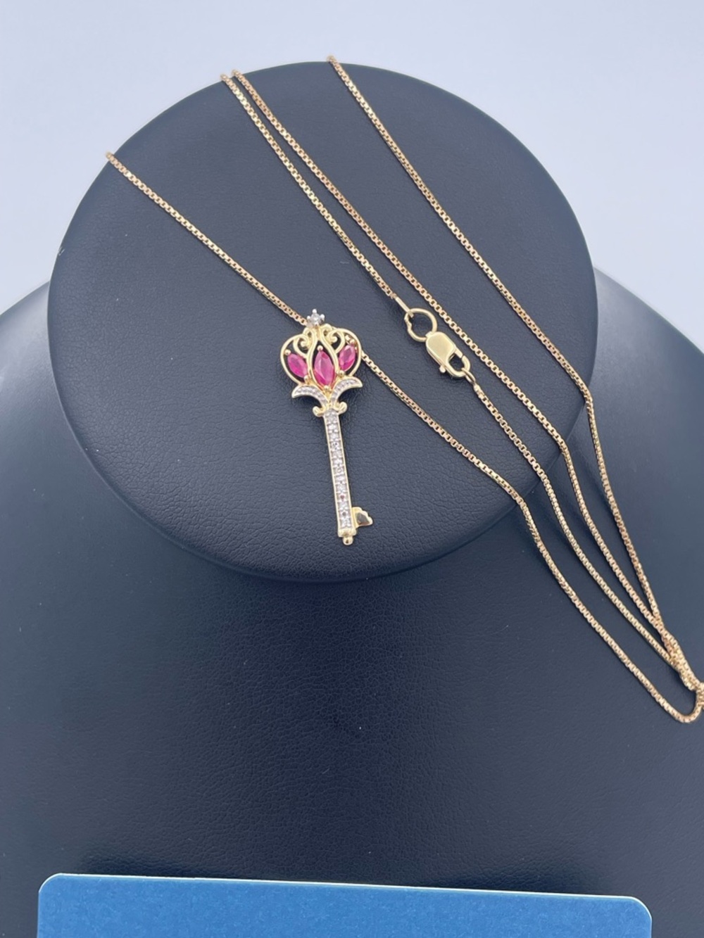14K Gold Ruby Diamond Key Pendant Necklace 30” Box Chain Authenticated Estate - Picture 10 of 10